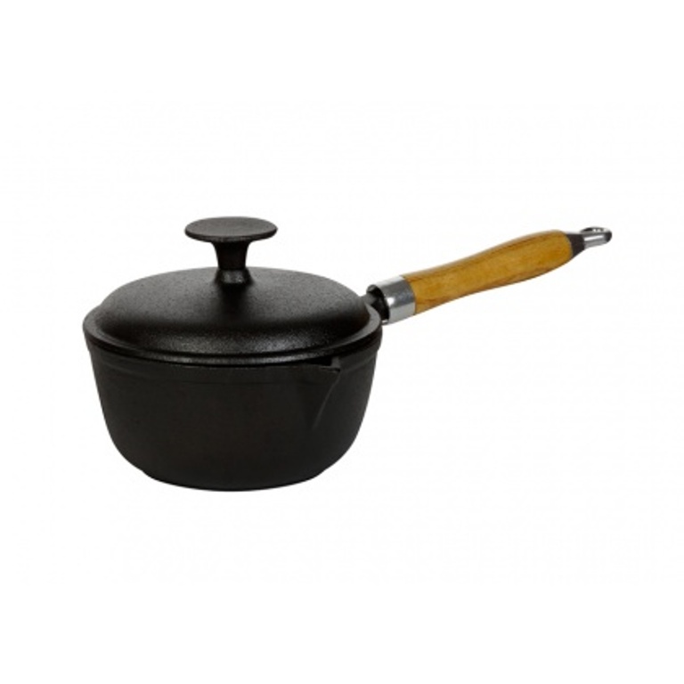 Сотейник чугунная 1,4л с крышкой, носиком и деревянной ручкой