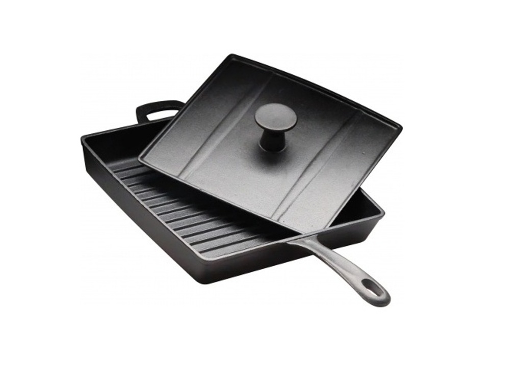 Сковорода чугунная 280х280мм h45мм рифленая с крышкой-прессом