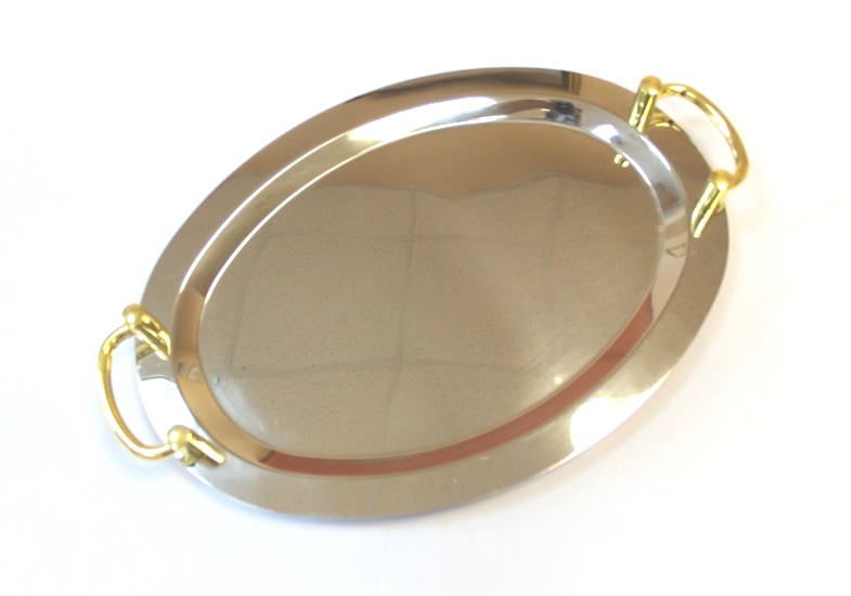 Блюдо нержавеющая сталь зеркальная полировка золотые ручки