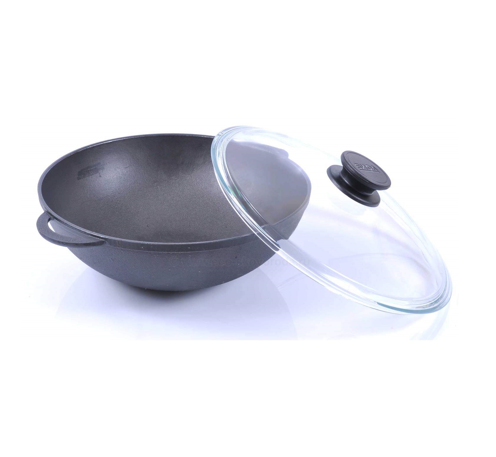 Сковорода Вок Wok d308мм h108мм чугунная с двумя ручками и стеклянной крышкой