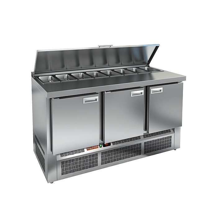 Стол холодильный для салатов н/ж с крышкой, 3 двери, с бортом