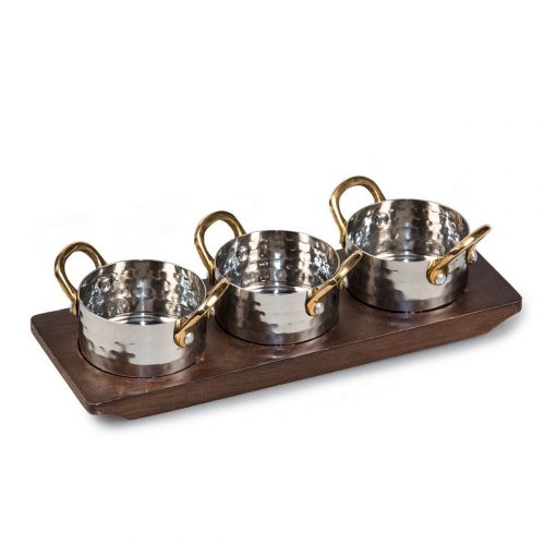 Сет сервировочный 3 кастрюльки по 140 мл на деревянной подставке  P.L.