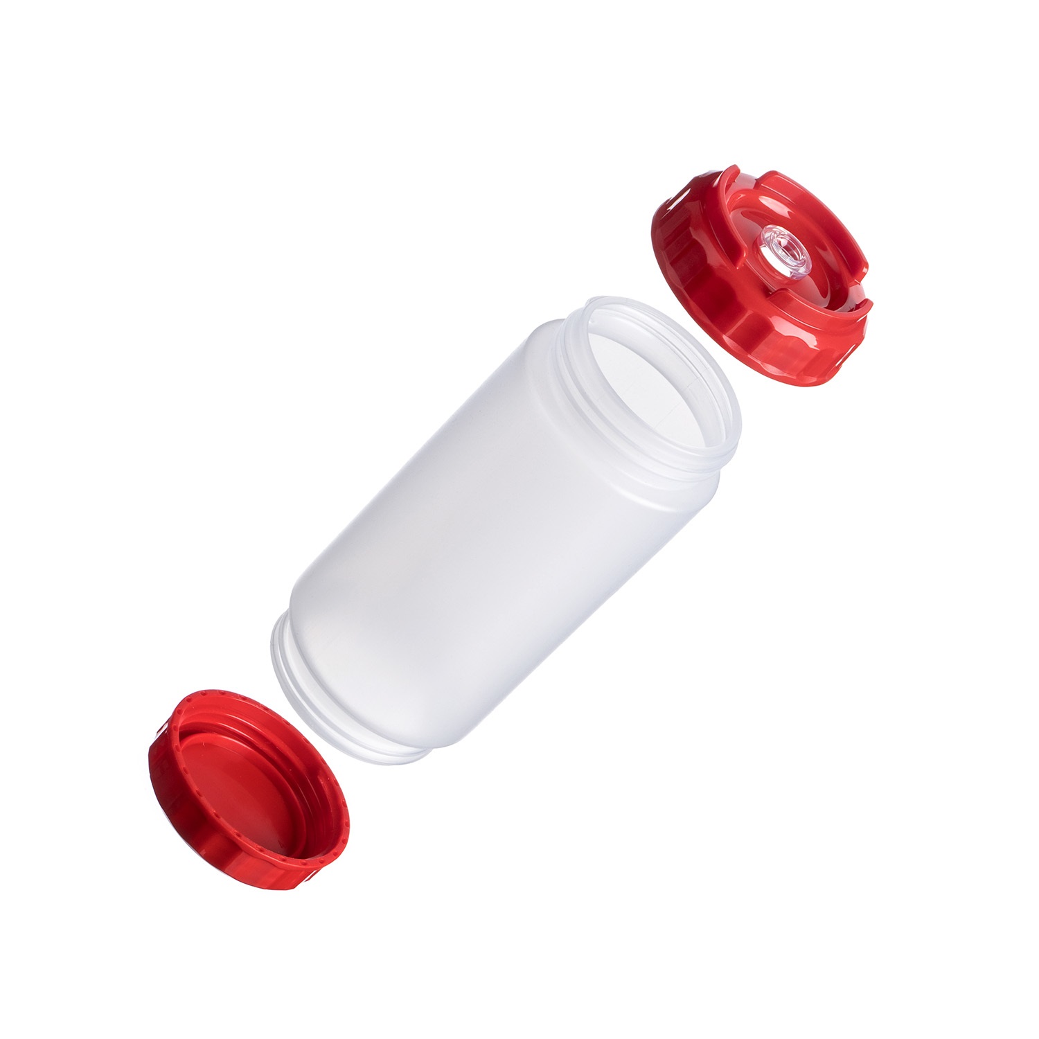 Флакон для соусов 500мл прозрачный  2 красные крышки, силик. носик. широкий