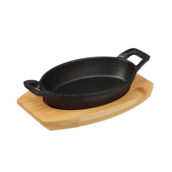 Сковорода чугунная 150х98мм на бамбуковой подставке, индукция SATOSHI